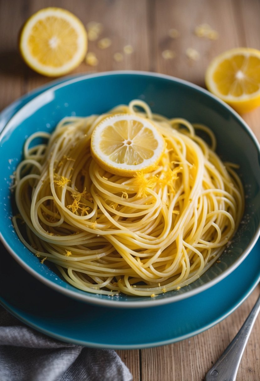 A bowl of angel hair pasta with lemon slices and citrus zest