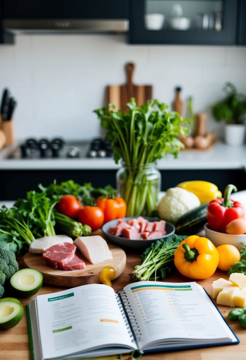 A kitchen counter with various fresh vegetables, lean meats, and healthy fats, along with a cookbook open to a keto recipe page