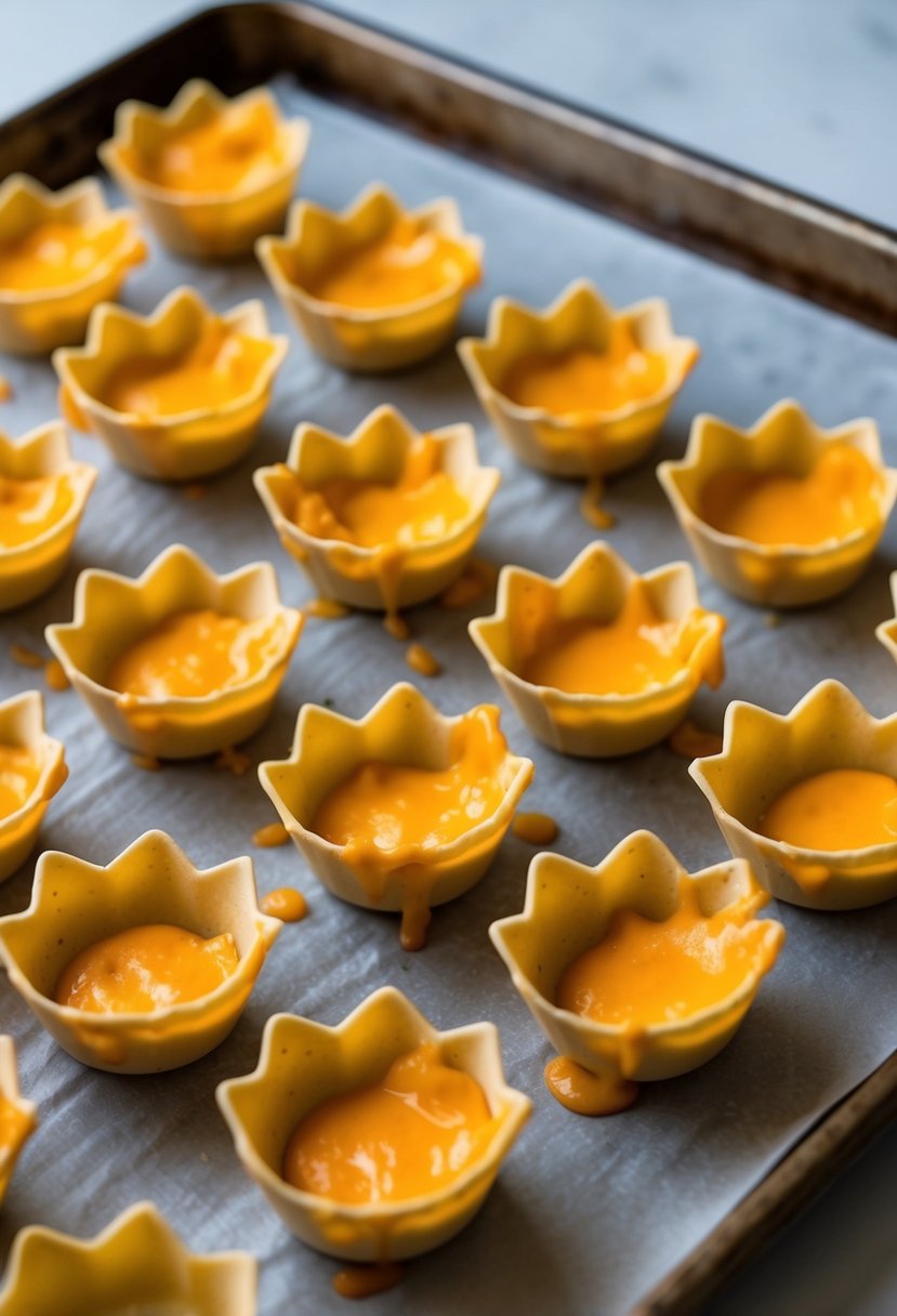 Melted cheese being shaped into taco shell molds on a baking sheet