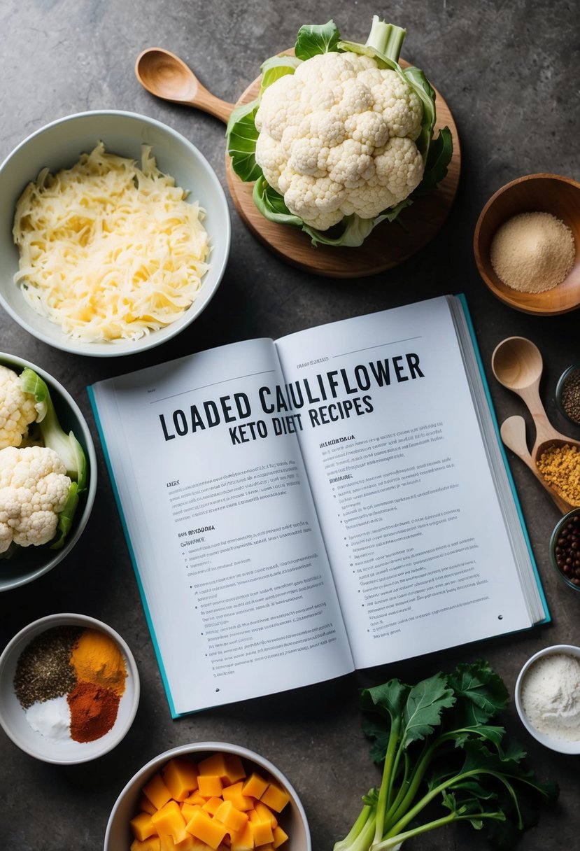 A table with a variety of ingredients like cauliflower, cheese, and spices, along with cooking utensils and a recipe book open to a page titled "Loaded Cauliflower Keto Diet Recipes"