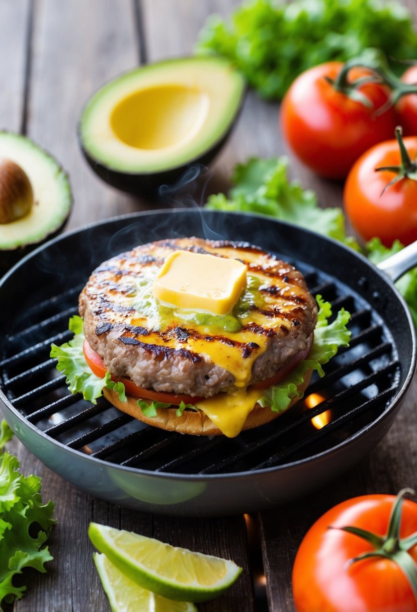 A sizzling butter burger cooks on a grill, surrounded by keto-friendly ingredients like lettuce, tomatoes, and avocado