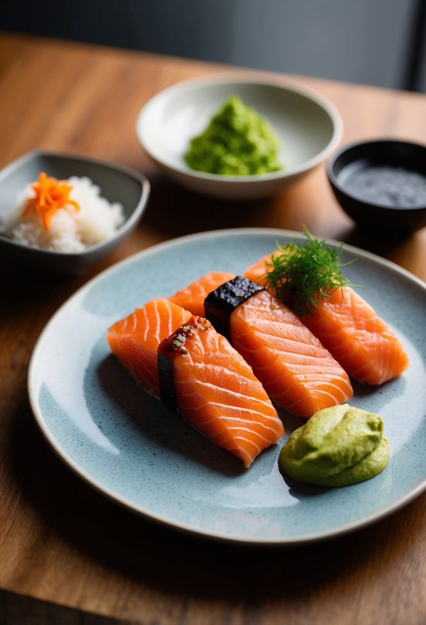 A plate of salmon sashimi with wasabi and keto-friendly side dishes