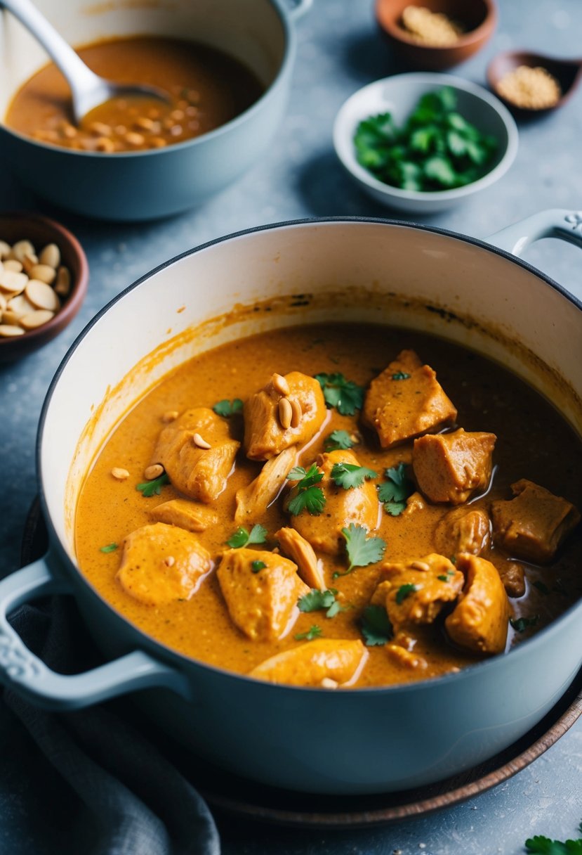 A simmering pot of peanut butter chicken curry with keto-friendly ingredients