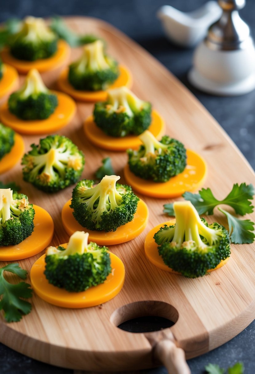 A platter of golden-brown broccoli cheddar discs arranged with garnish on a wooden cutting board