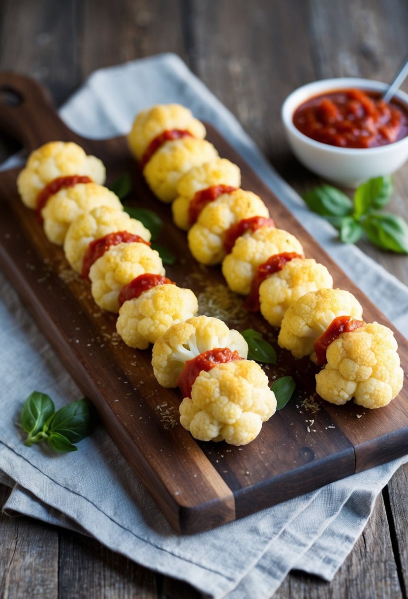 Cauliflower Parmesan sticks arranged on a rustic wooden board with a side of marinara sauce