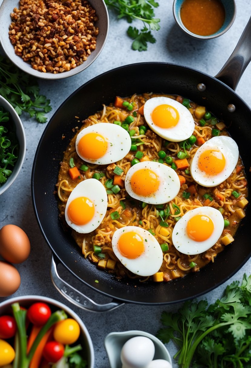 A sizzling pan of Egg Foo Yung with a colorful array of vegetables and eggs, surrounded by keto-friendly ingredients