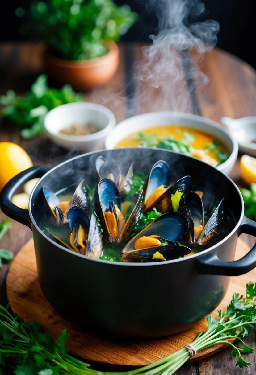 A pot of mussels steaming in a fragrant broth, surrounded by fresh herbs and low-carb vegetables on a wooden table