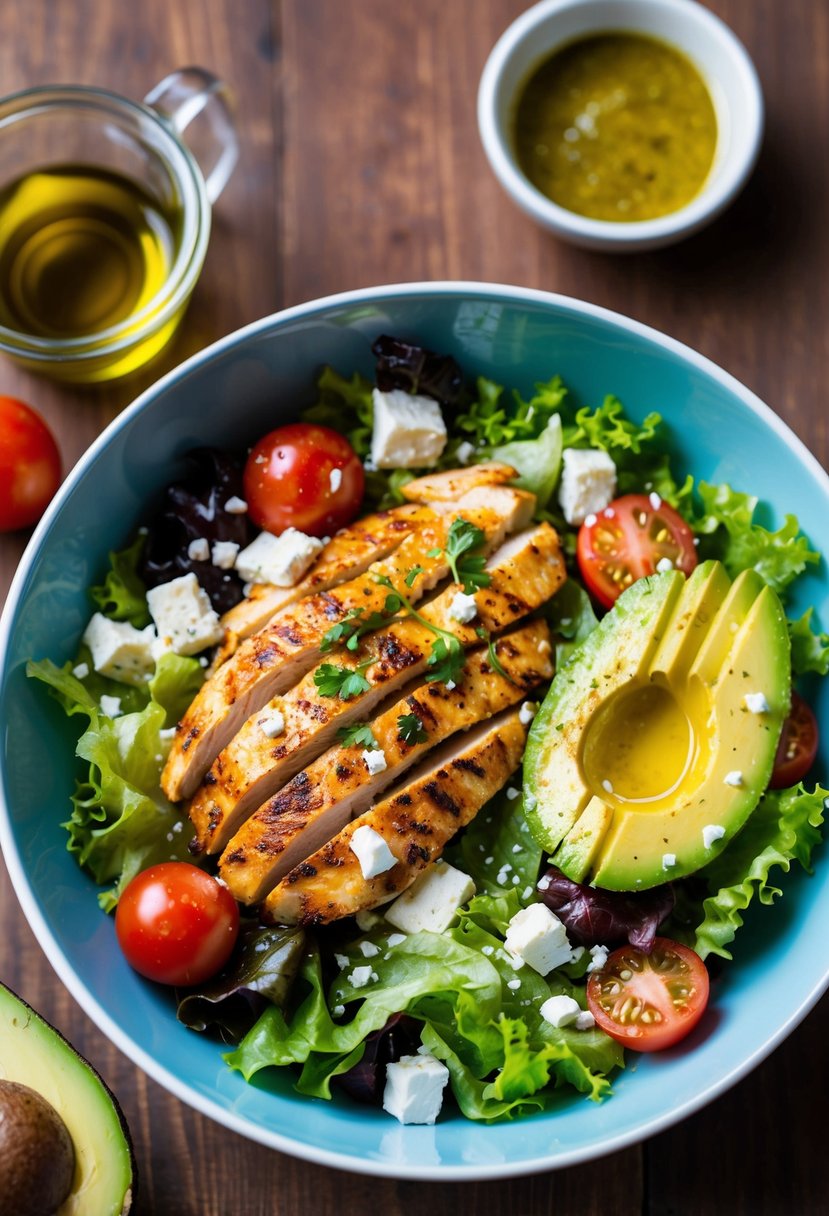 A colorful bowl filled with grilled chicken, avocado, lettuce, and cherry tomatoes, drizzled with olive oil and sprinkled with feta cheese