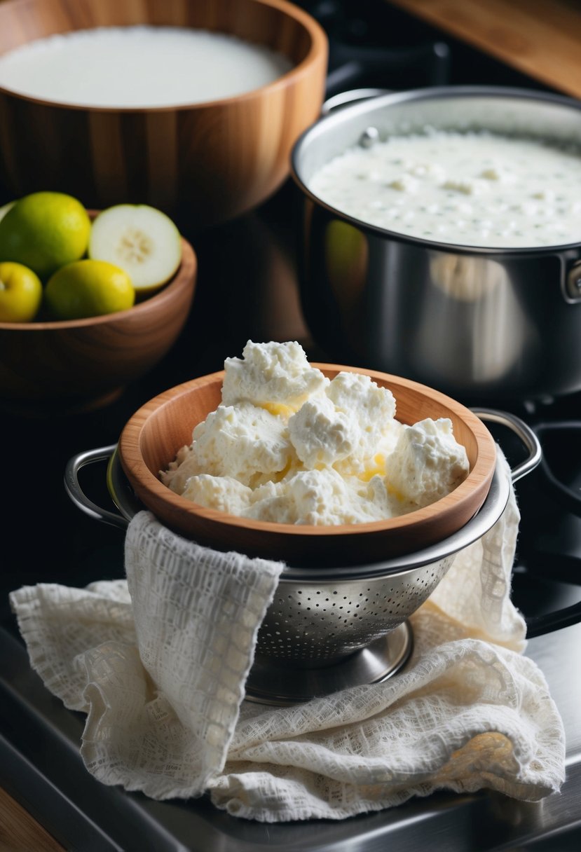 A wooden bowl filled with fresh milk, a pot simmering on a stove, and a cheesecloth draped over a colander filled with homemade cottage cheese