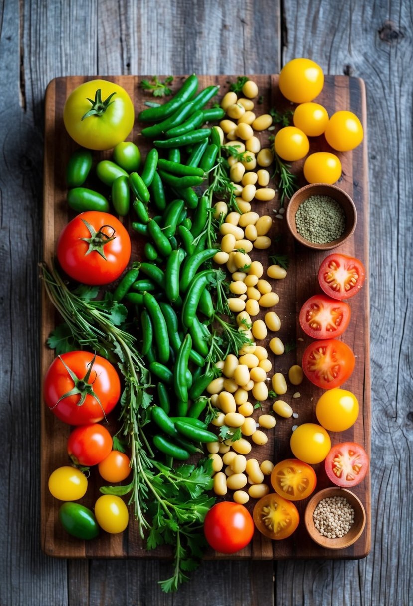 A colorful array of beans, tomatoes, and herbs arranged on a rustic wooden cutting board