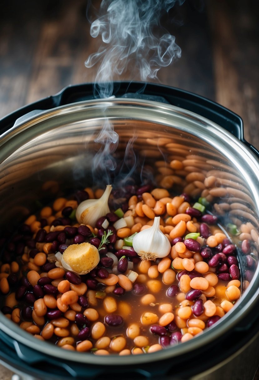 A colorful array of pinto beans, garlic, and onions simmering in an Instant Pot, emitting a savory aroma