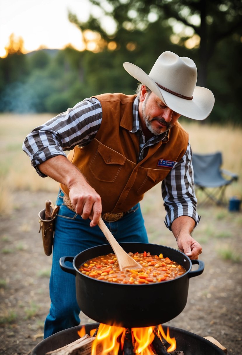 A cowboy stirring a pot of baked beans and peppers over a campfire