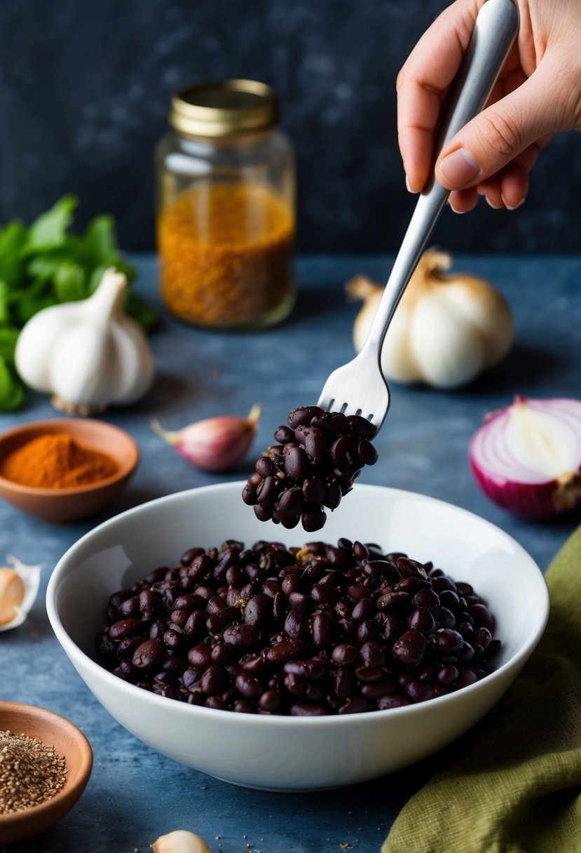 A bowl of black beans being mashed with a fork, surrounded by ingredients like garlic, onions, and spices