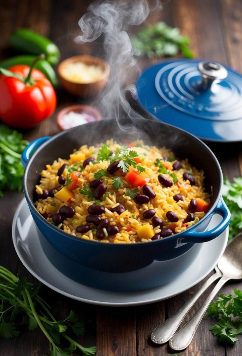 A steaming pot of Spanish rice and beans, with colorful vegetables and herbs scattered around