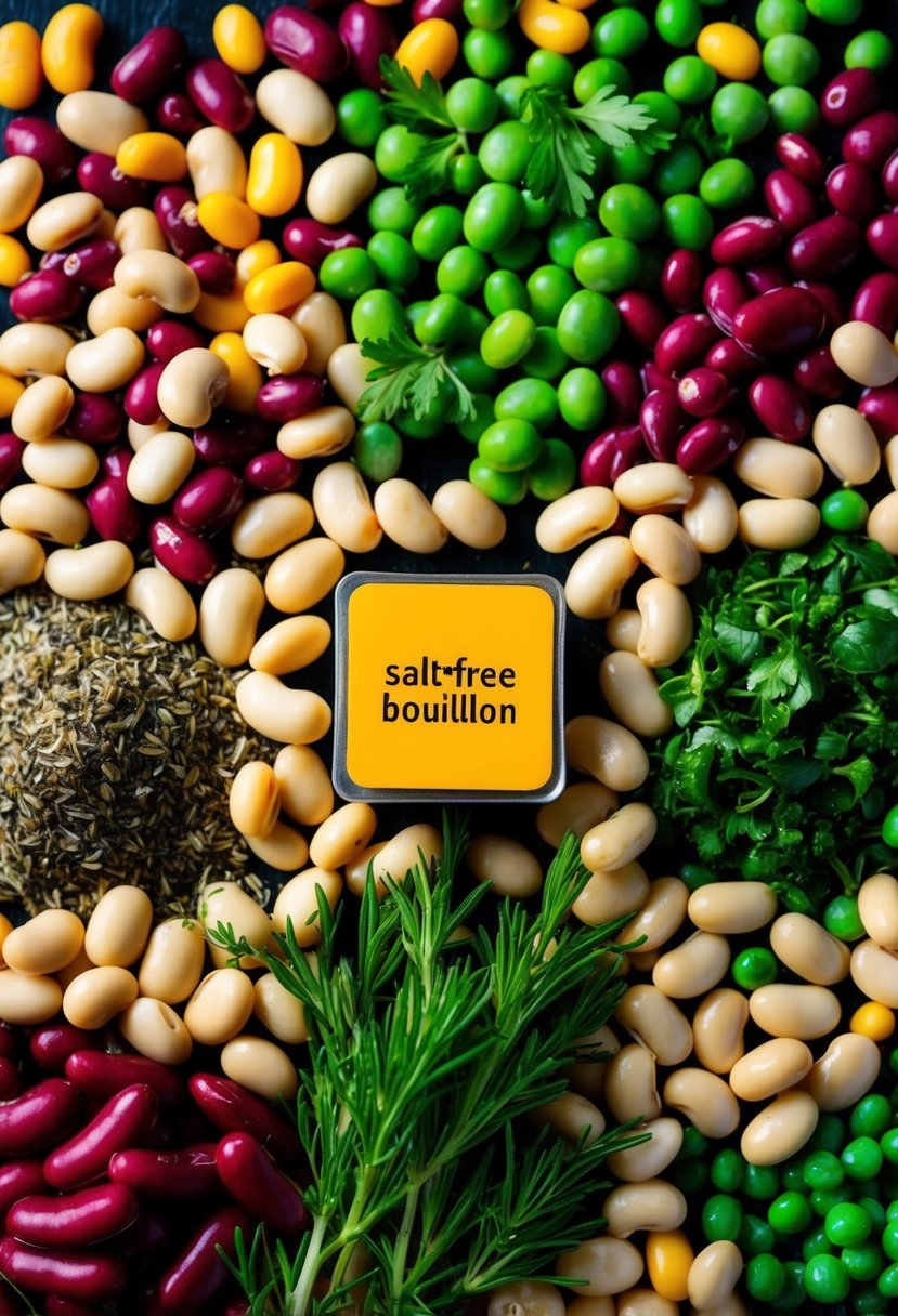 A colorful array of beans and herbs arranged around a salt-free bouillon cube