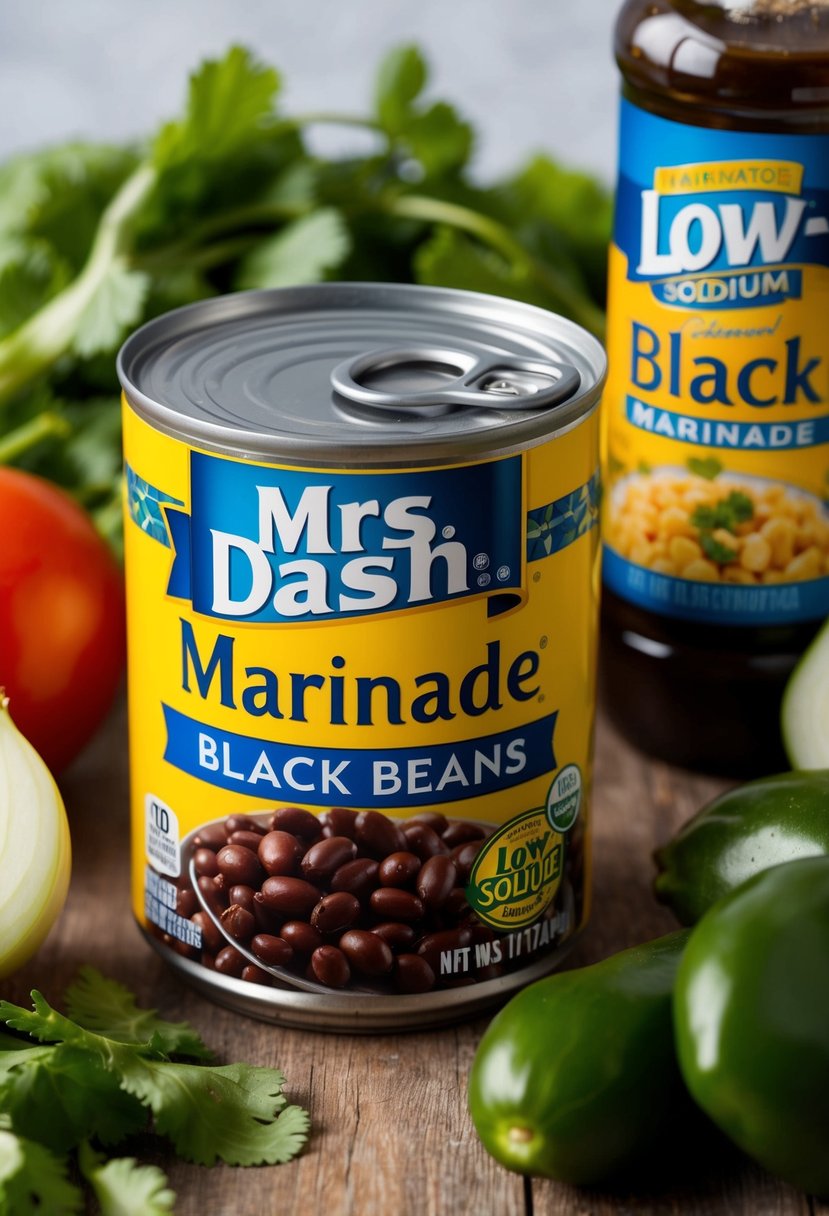 A can of Mrs. Dash Marinade Black Beans surrounded by fresh ingredients like tomatoes, onions, and cilantro, with a bottle of low-sodium marinade nearby