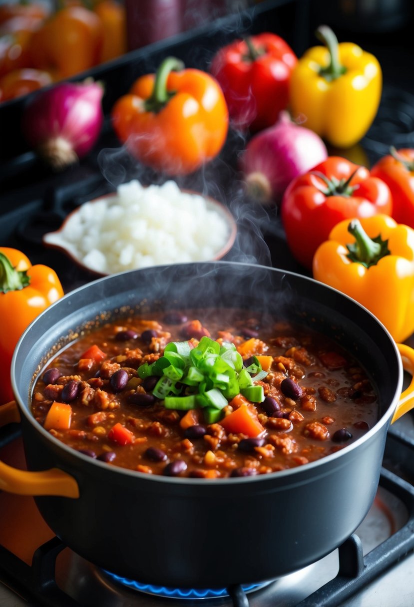 A steaming pot of salt-free spicy black bean chili simmers on the stove, surrounded by colorful bell peppers, onions, and tomatoes