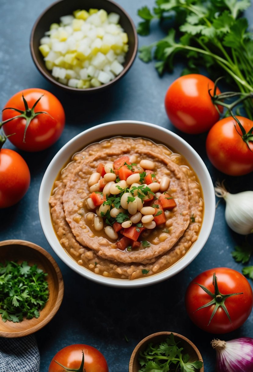 A bowl of unfried refried beans surrounded by low sodium ingredients like tomatoes, onions, and herbs