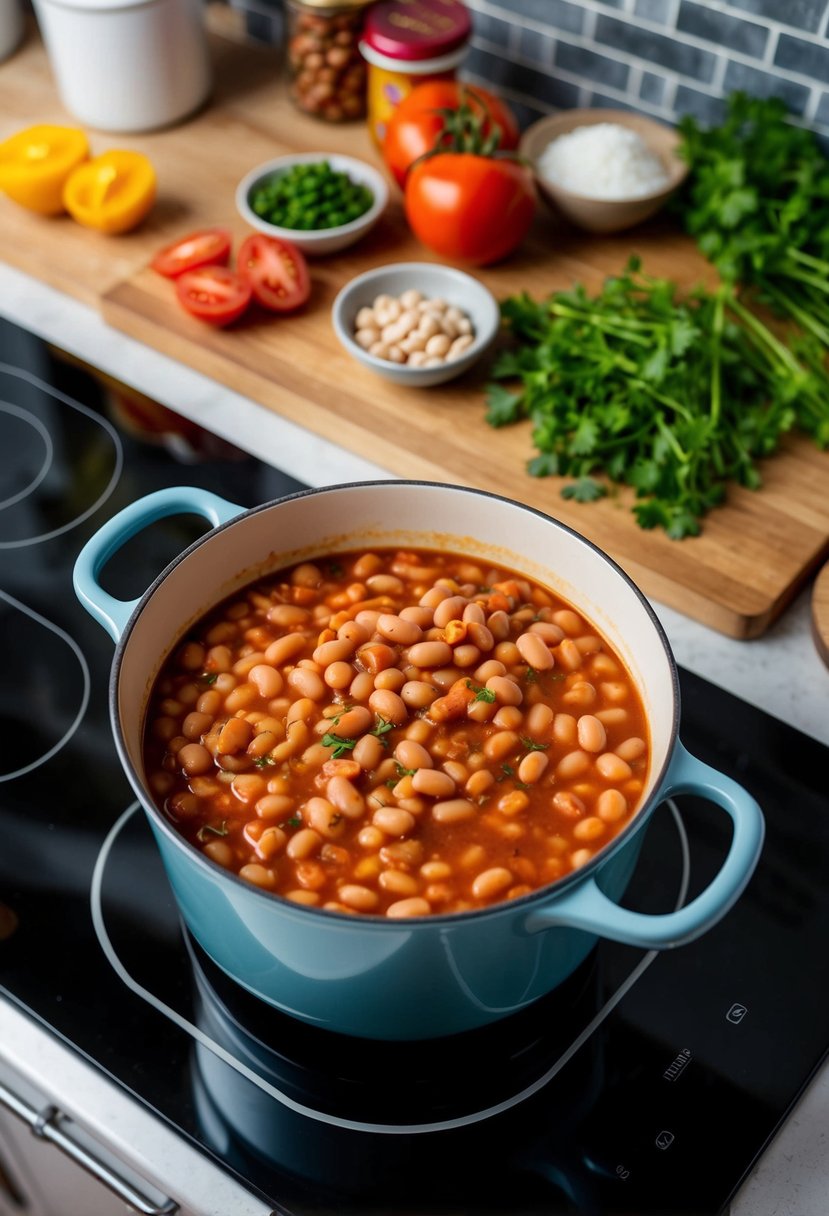 A pot of baked beans simmering on a stovetop, with ingredients like low-sodium beans, tomatoes, and herbs spread out on a counter nearby