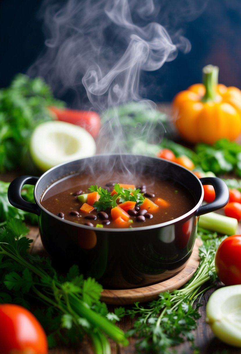 A steaming pot of black bean soup surrounded by fresh, colorful vegetables and herbs