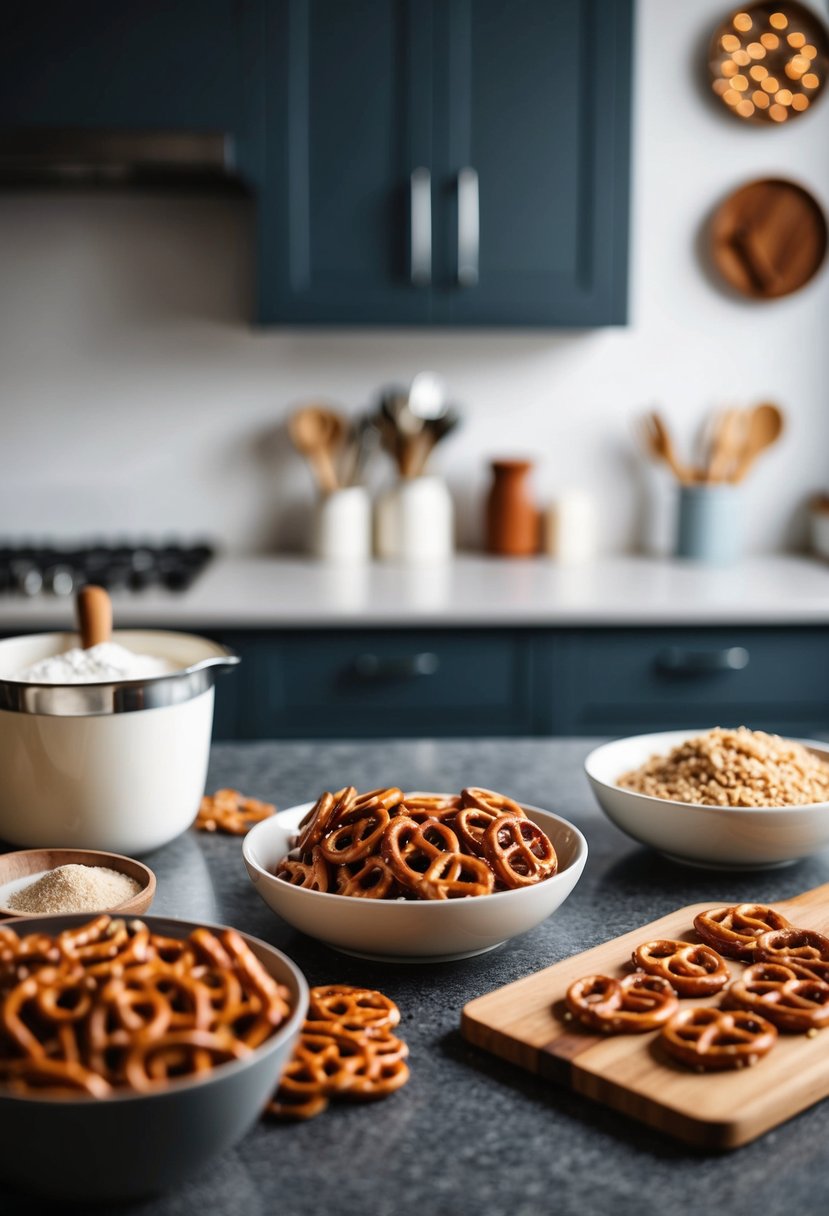 A kitchen counter with ingredients and tools for making pretzel candy