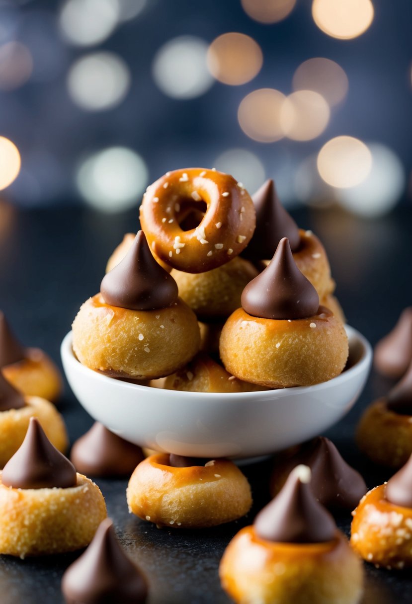 A pile of pretzel bites topped with chocolate kisses