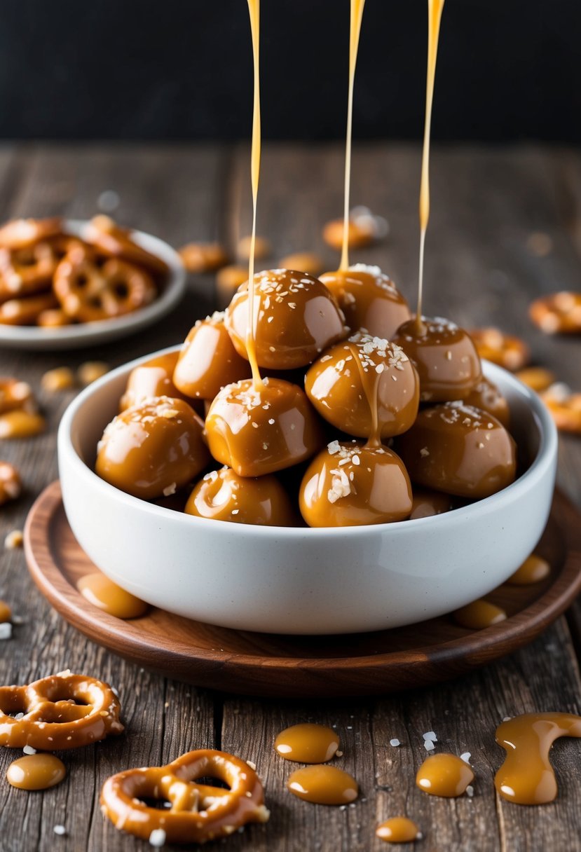 A bowl of salted caramel pretzel candies arranged on a wooden serving platter, surrounded by scattered pretzel pieces and drizzled with caramel sauce