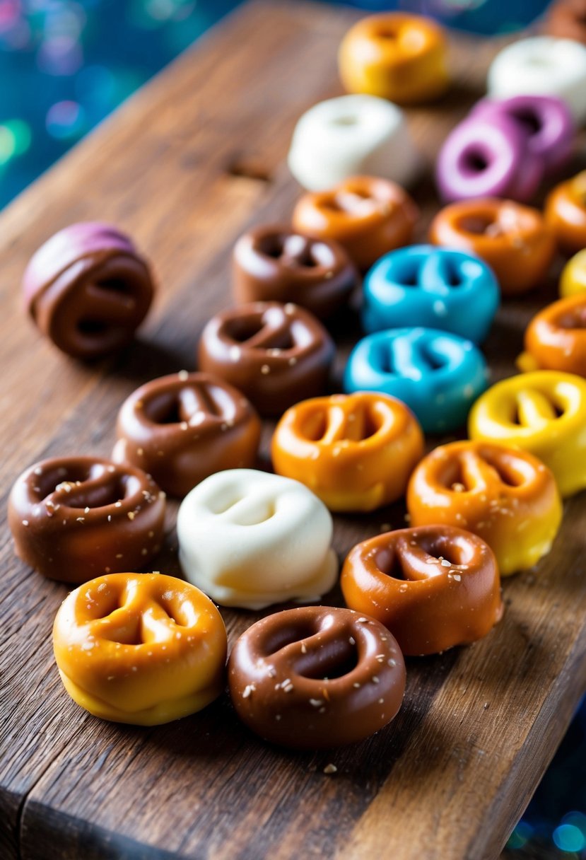 A colorful assortment of Rolo Pretzel Treats arranged on a rustic wooden board