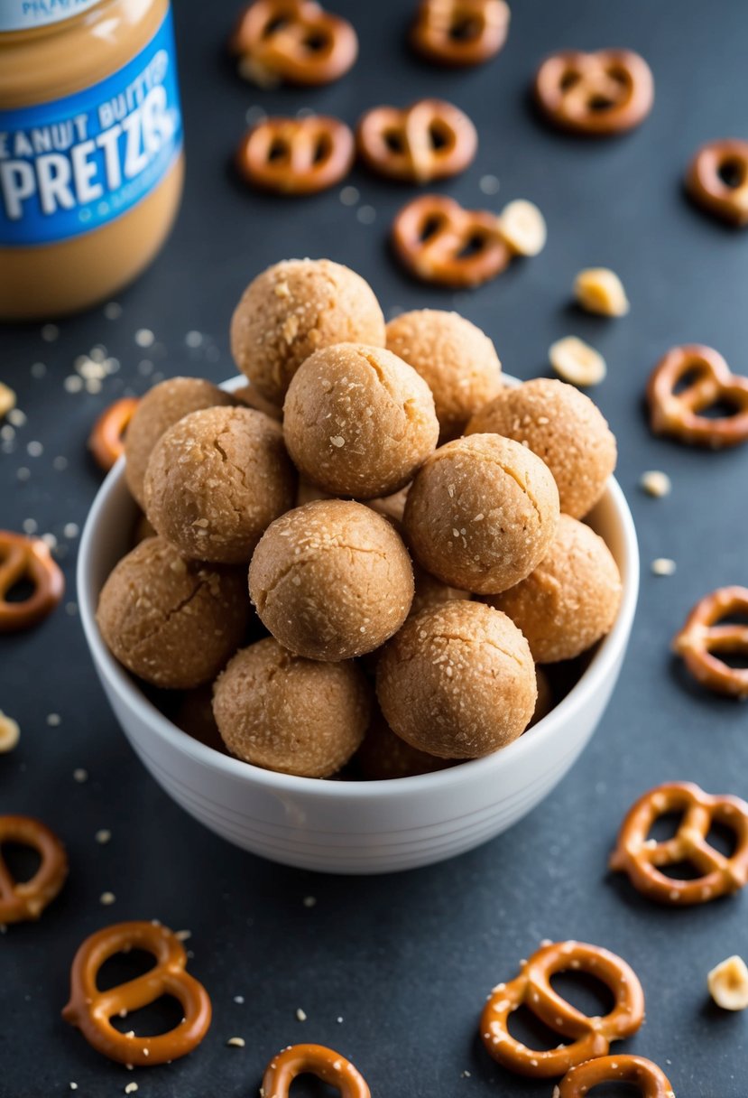 A bowl of Peanut Butter Pretzel Balls surrounded by scattered pretzels and a jar of peanut butter