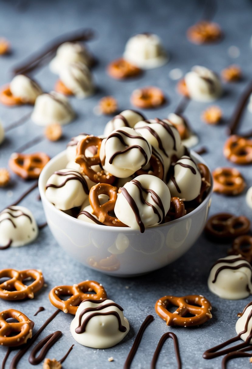 A bowl of white chocolate pretzel clusters surrounded by scattered pretzels and chocolate drizzle