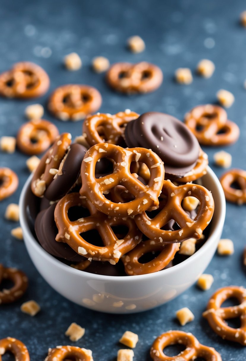 A bowl of milk chocolate toffee pretzels surrounded by scattered pretzels and toffee bits