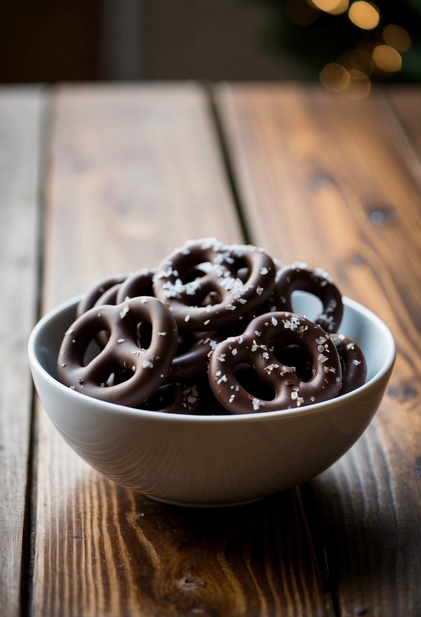 A bowl of dark chocolate sea salt pretzels on a wooden table