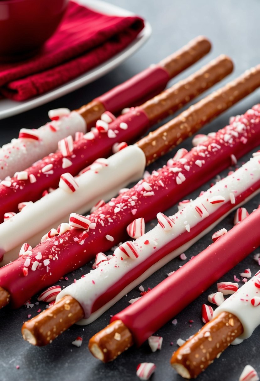 Pretzel rods dipped in red and white candy coating, sprinkled with crushed candy canes