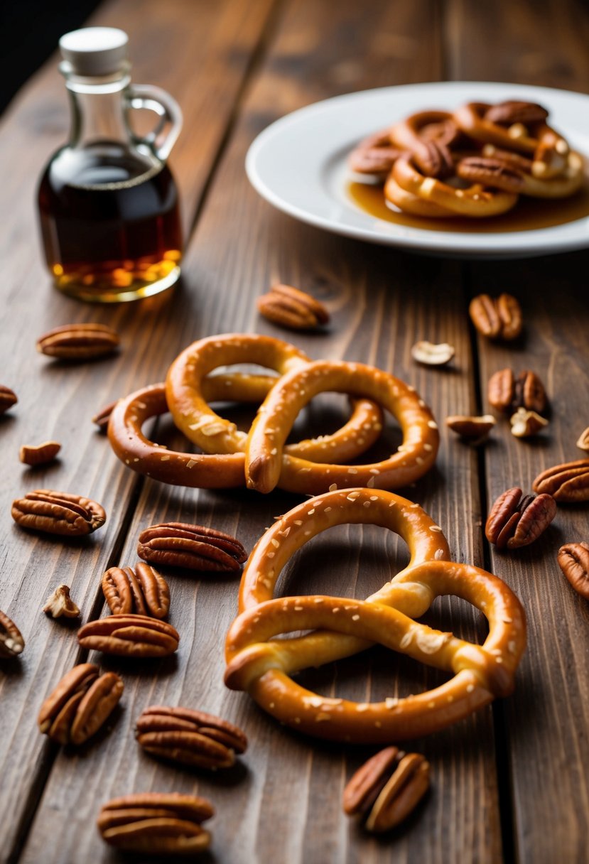 A wooden table with scattered pecans, maple syrup, and twisted pretzels