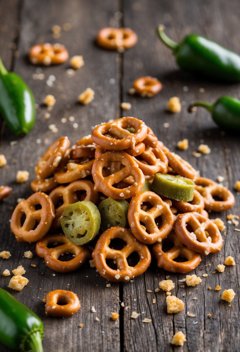 A pile of spicy jalapeño pretzel candy pieces on a rustic wooden table, surrounded by scattered pretzel crumbs and whole jalapeños