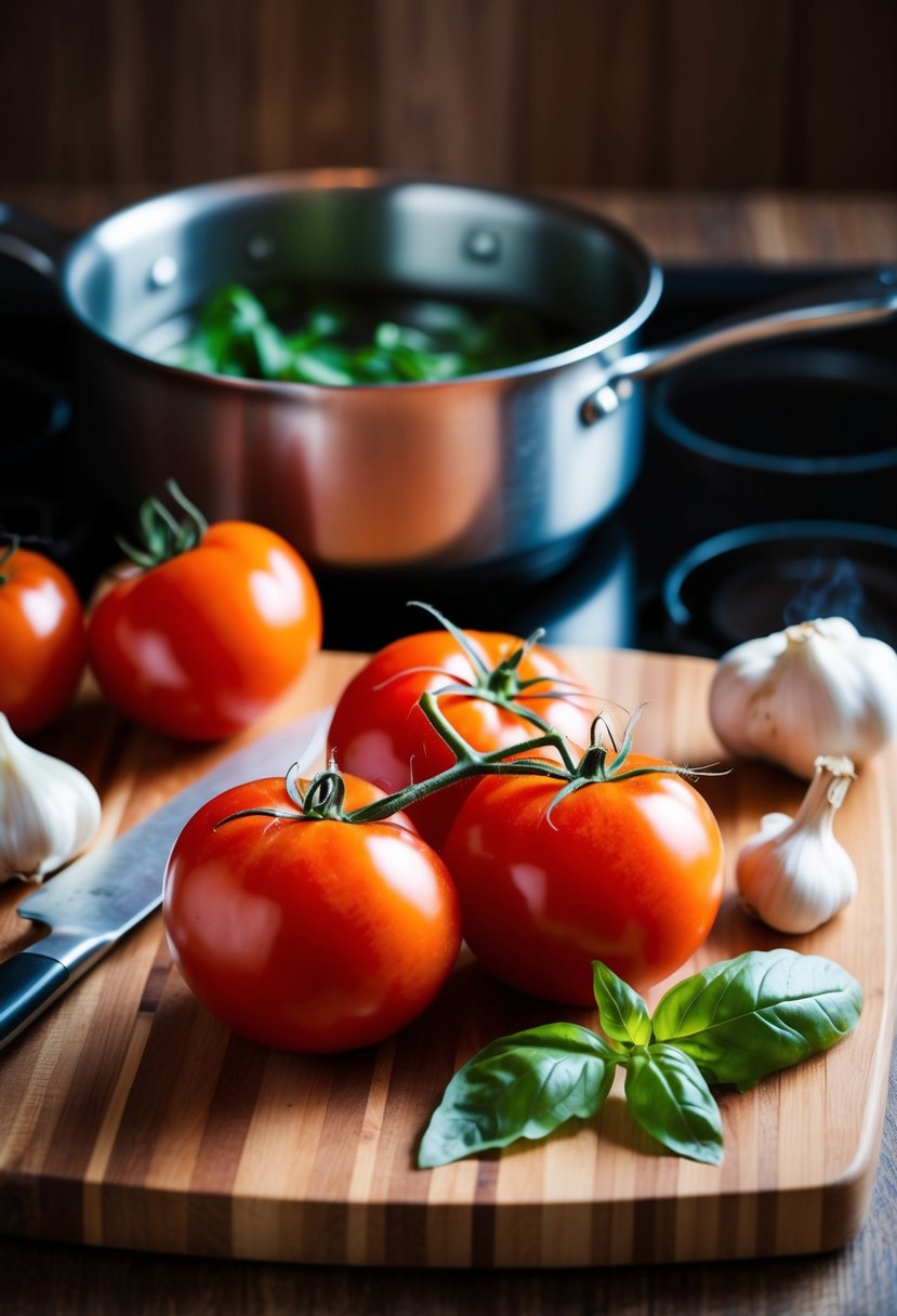 Ripe tomatoes, basil, and garlic sit on a wooden cutting board next to a chef's knife. A pot simmers on the stove in the background