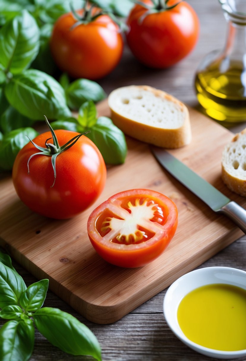 Fresh tomatoes, basil, and bread on a wooden cutting board, with a knife and a bowl of olive oil nearby