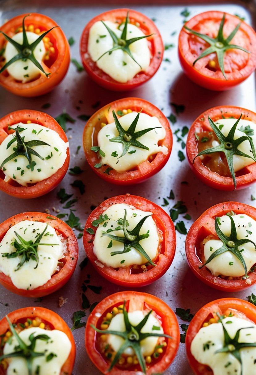 Fresh tomatoes halved, topped with melted cheese, and sprinkled with herbs on a baking sheet