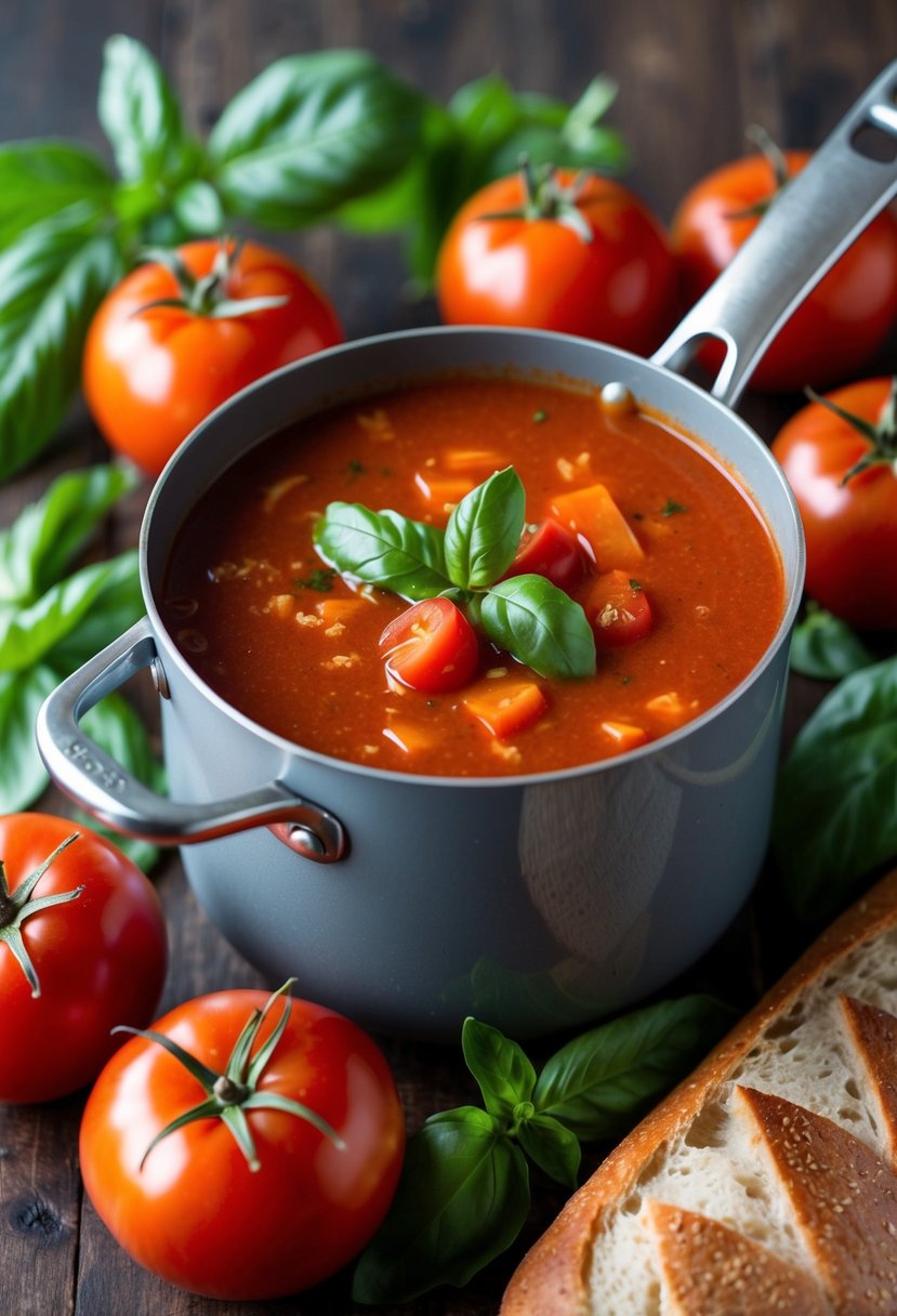 A pot simmering with red tomato soup, surrounded by fresh tomatoes, basil, and a loaf of crusty bread