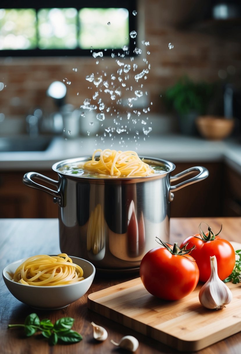 A pot of boiling water with pasta, a bowl of fresh tomatoes, and cloves of garlic on a cutting board