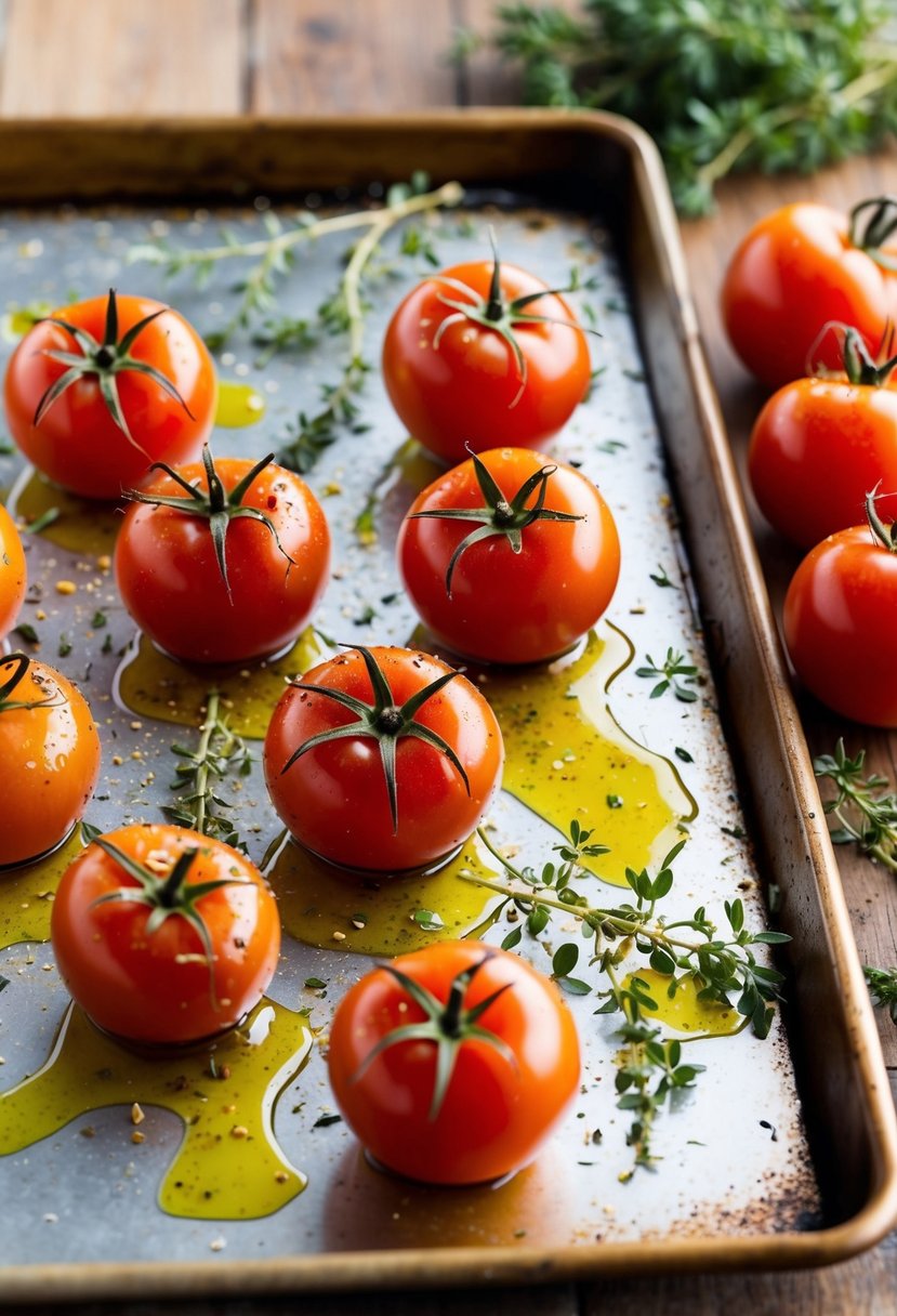 Fresh tomatoes on a baking sheet, drizzled with olive oil and sprinkled with thyme, ready to be roasted in the oven