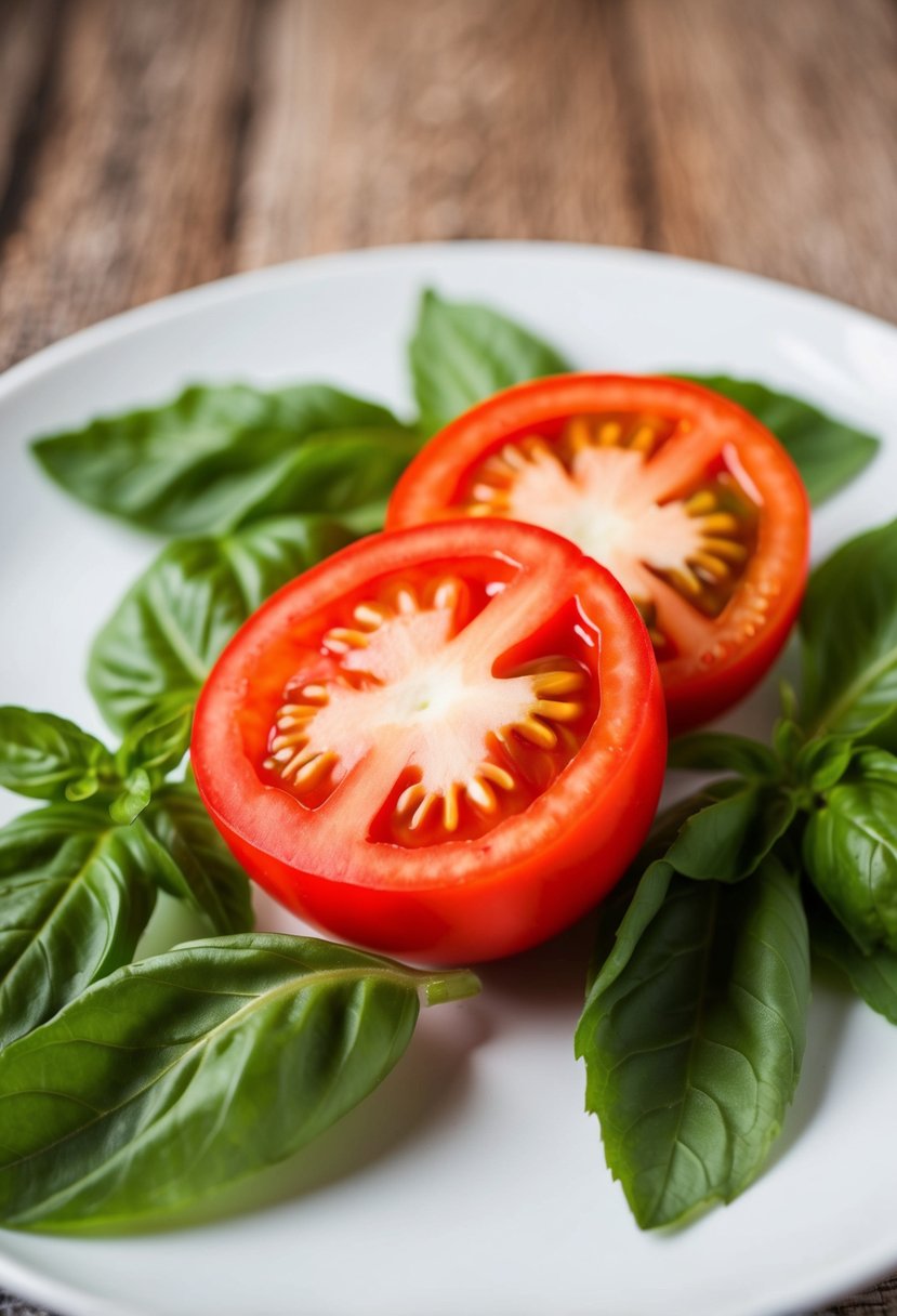 A vibrant red tomato sliced in half, surrounded by fresh basil leaves on a white plate