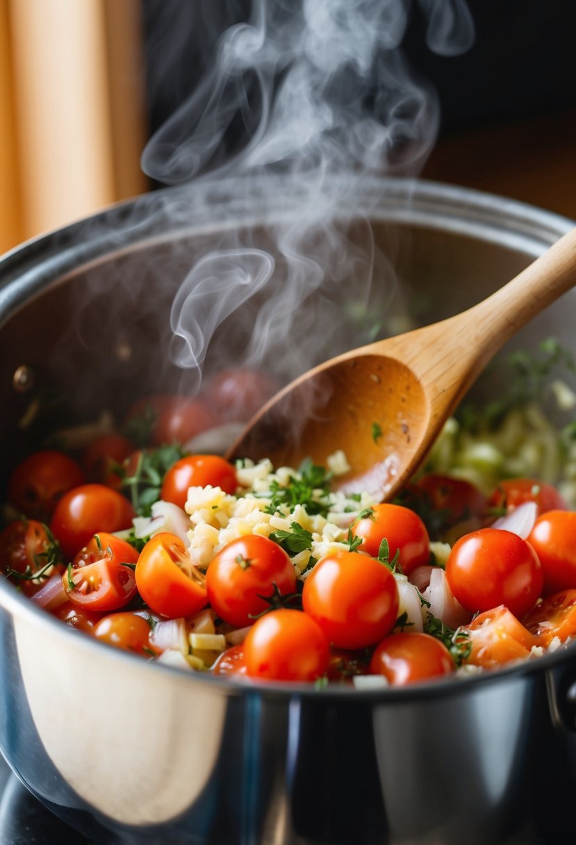 Fresh tomatoes being chopped, simmering in a pot with garlic, onions, and herbs. A wooden spoon stirs the mixture as steam rises