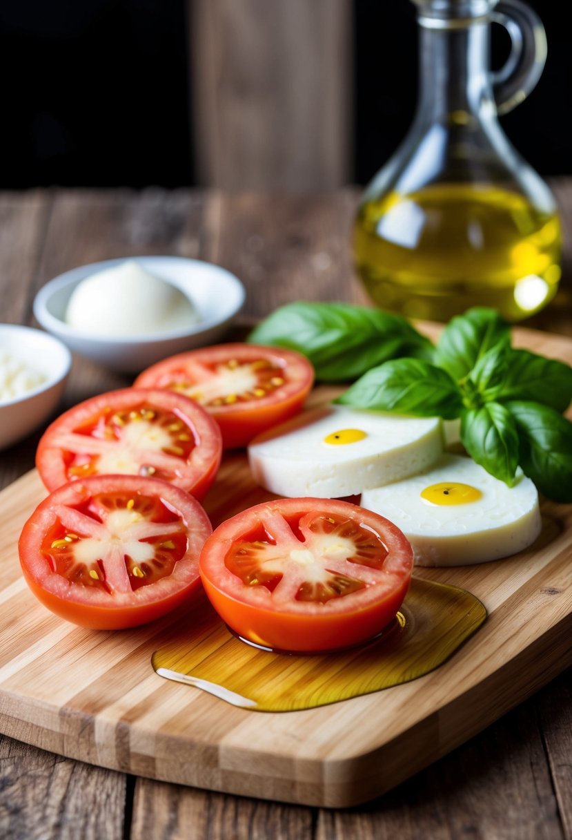 A wooden cutting board with sliced tomatoes, fresh mozzarella, basil leaves, and a drizzle of olive oil