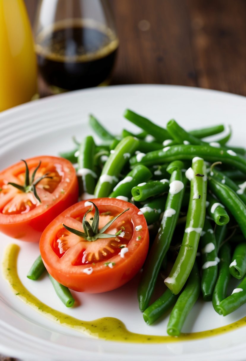 A bright red tomato and green bean salad arranged on a white plate with a drizzle of dressing