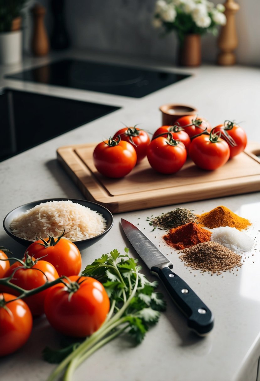 A kitchen counter with fresh tomatoes, rice, and various seasonings laid out next to a cutting board and knife