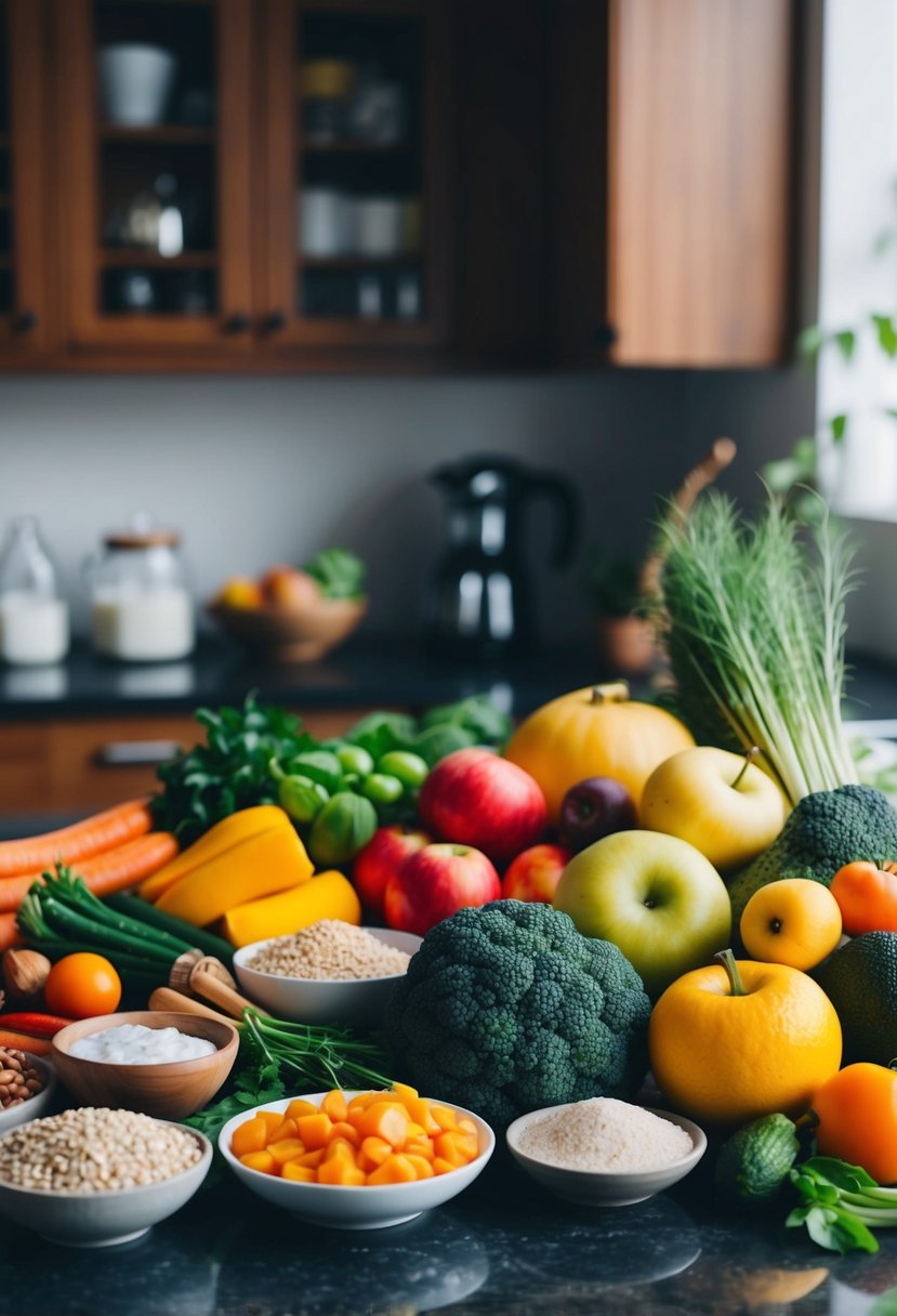 A colorful array of fruits, vegetables, grains, and probiotic-rich foods arranged on a kitchen counter