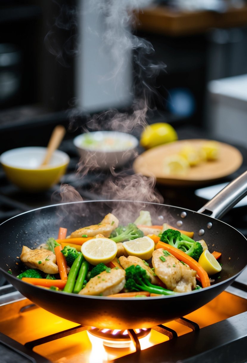 A sizzling wok with garlic lemon chicken and colorful stir-fry vegetables cooking over a high flame