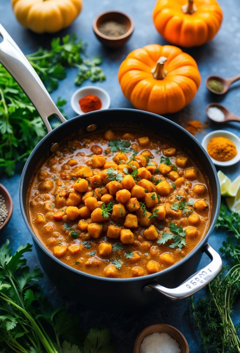 A bubbling pot of spicy chickpea and pumpkin curry surrounded by colorful array of fresh herbs and spices