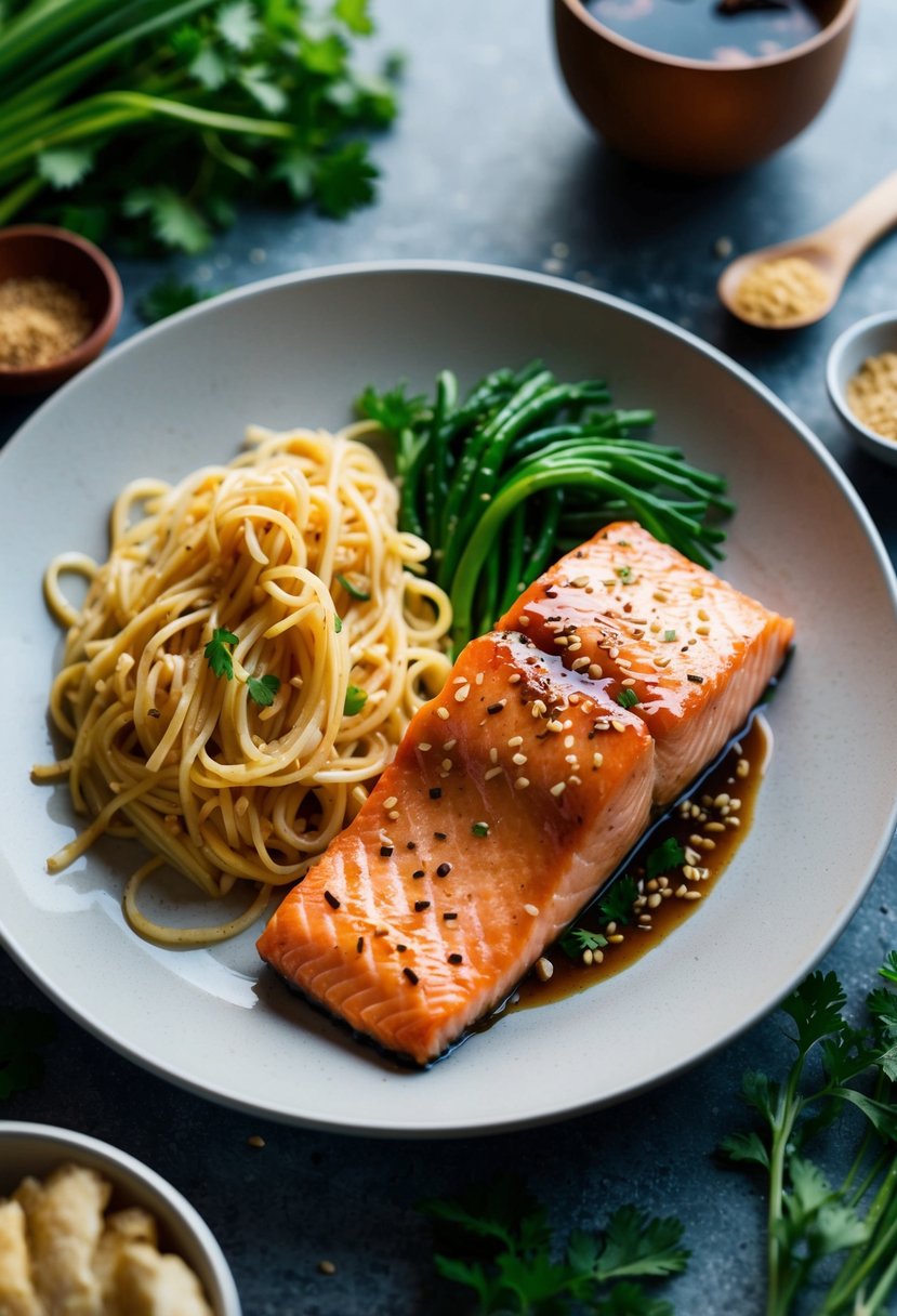 A plate of miso-glazed salmon with a side of ginger noodles, surrounded by colorful vegetables and herbs